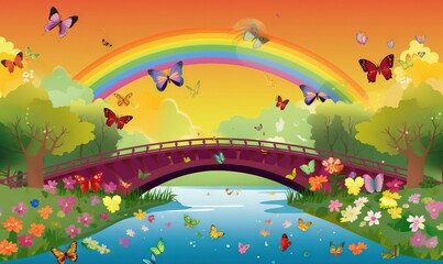 Obraz na płótnie Canvas a bridge over a river with a rainbow in the sky and butterflies flying over it and a rainbow in the sky above the bridge is a rainbow. generative ai