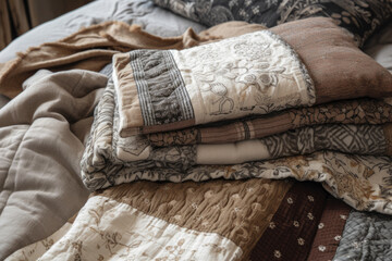 Cozy patchwork pattern with a mix of neutral-toned fabrics in various textures, generative ai