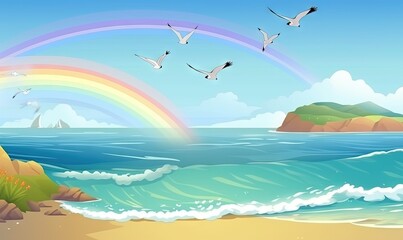 Fototapeta na wymiar a rainbow over the ocean with birds flying over it and a lighthouse in the distance with a rainbow in the sky above the ocean and a beach with waves. generative ai
