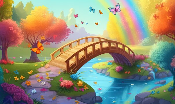  a painting of a bridge over a river with a rainbow in the sky and butterflies flying over the bridge over the water and a rainbow in the sky.  generative ai