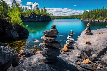 stacked stones or obo in a summertime northern woodland quarry setting with turquoise river. Natural scenery in the Russian North is lovely. Russian Karelias Ruskeala Marble Canyon. Generative AI - obrazy, fototapety, plakaty