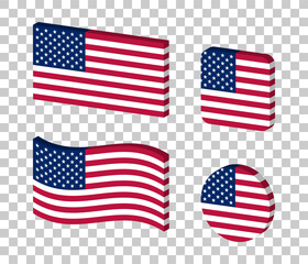 USA flag. 3D set of vector banners. Symbol of statehood and independence of the United States of America. Badges to designate American goods.