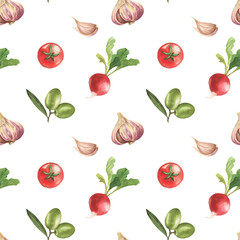 Watercolor vegetables illustration. Seamless pattern. Tomato garlic raddish olive