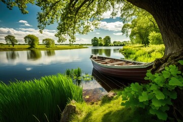 On a lovely summer day, a boat sits on the shore of a small lake surrounded by green trees. Generative AI