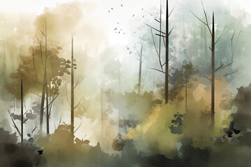 Digital watercolor painting of a peaceful forest scene in earthy green and brown tones with a misty atmosphere, generative ai
