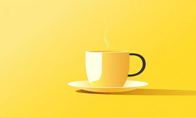  a cup of coffee on a saucer on a yellow background with a shadow of a cup of coffee on a saucer on a plate.  generative ai