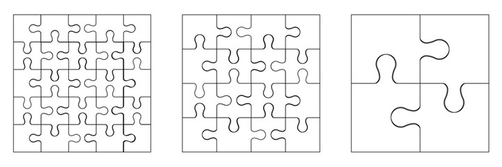 Various sizes puzzle set. Puzzle pieces assembled together in square patterns of different sizes. Set of white puzzle pieces on transparent background. Vector illustration