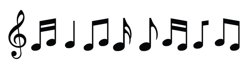Music notes icons set. Music notes symbol. Black notes symbol on transparent background. Vector illustration	