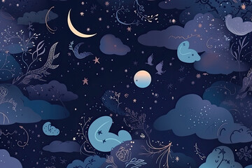 Dreamy and ethereal seamless pattern featuring a celestial night sky with stars and constellations, generative ai