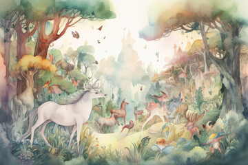 Fototapeta na wymiar Dreamy watercolor illustration of a forest glade, featuring mystical creatures such as fairies, unicorns, and talking animals, generative ai