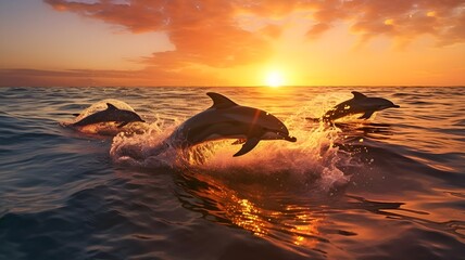 Obraz premium A playful pod of dolphins dances through the sparkling waves, their sleek bodies glistening in the sunlight as they leap and twirl with joy, during a vibrant ocean sun, Generative AI