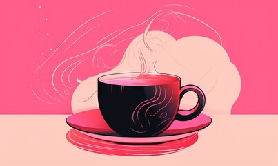  a cup of coffee on a saucer with a saucer on a saucer next to it on a pink background with swirls.  generative ai