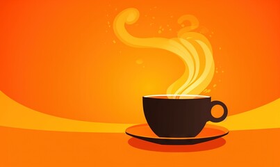  a cup of coffee with a saucer on a saucer on a saucer on an orange background with swirls and bubbles in the shape of a wave.  generative ai