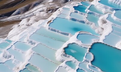  a group of blue and white pools in a desert area with a mountain in the background and snow on the ground and the water in the foreground.  generative ai
