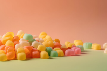 Fototapeta na wymiar Multicolored chewy marmalade candies on green peach background with copy space. Jelly candies, confectionery sweets. Generative AI professional photo imitation.