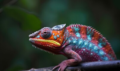 Obraz premium a colorful chamelon sitting on a branch in a forest setting with green leaves in the back ground and a blurry background of leaves in the foreground. generative ai