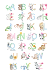 Fototapete Einhörner Watercolor hand drawn cute latin animal and floral alphabet. Baby animals with flowers and ABC symbols isolated on white background. Can be used as print poster, baby wallart, for baby shower, kids