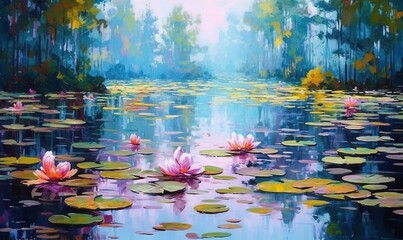  a painting of water lillies in a pond with trees in the background and a blue sky in the foreground with clouds in the background.  generative ai