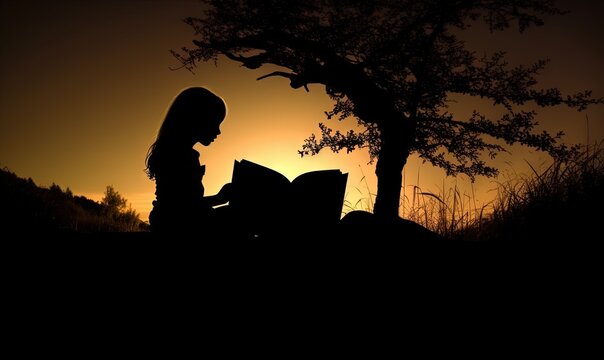  a silhouette of a girl reading a book under a tree with the sun setting behind her and the silhouette of a tree behind her,.  generative ai