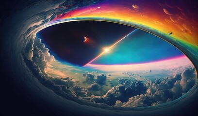  a view of the earth from space with a rainbow ring in the middle of the image and the moon in the middle of the image.  generative ai