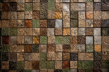 Embossed mosaic tiles in earthy shades of brown and green creating a natural look, generative ai