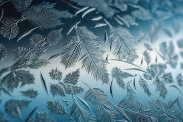 Engraved patterns in icy blue tones on a frosty glass surface, generative ai