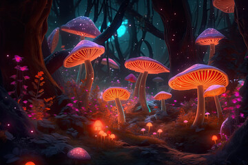 Fototapeta na wymiar ethereal and mystical psychedelic forest with glowing neon mushrooms, flowers, and trees that emit a surreal and dreamlike glow, generative ai