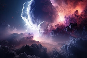 Ethereal space-time warp with dreamy clouds and glowing celestial bodies, generative ai