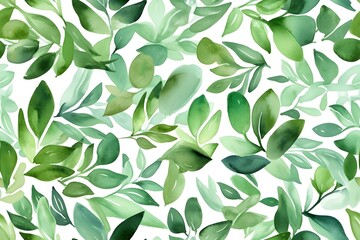 Watercolor green leaves on white background, seamless pattern. Generative AI.