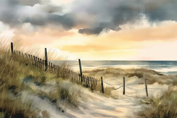 Summer landscape with sea, sky. Watercolor painting illustration. Generative AI.