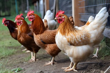 Chickens in the farm yard. Agriculture and farming. Generative AI.