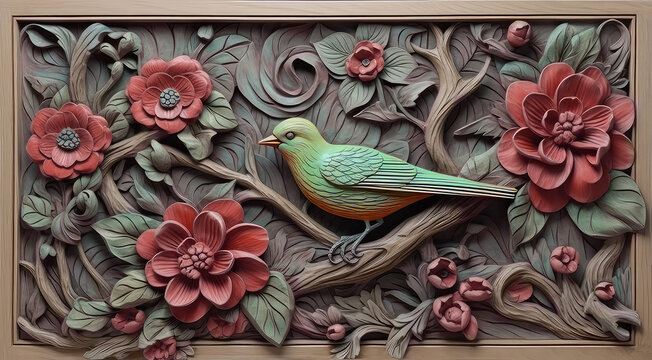 Painted wood plank carving, framed floral design with carved branches and leaves, red flowers and a colorful bird. Abstract illustration created with Generative AI technology.