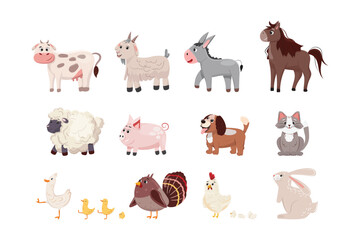 Cute vector cartoon illustration of farm animals on white background.