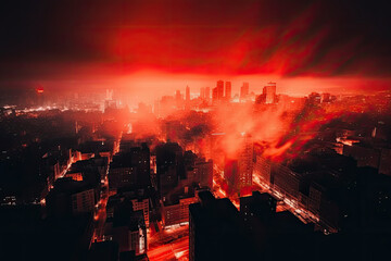 Fiery red and orange light leaks in a dark and dramatic cityscape, generative ai