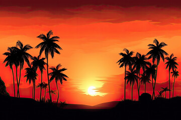 Obraz na płótnie Canvas Fiery Sunset Sky Gradient with Silhouette Palm Trees, generative ai