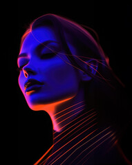 Fototapeta premium Strong women under neon lights, Women empowerment and determined concept, Women’s day banner , by Generative Ai