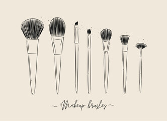 Brushes for makeup, powder, foundation, eye shadow beauty collection drawing on beige background