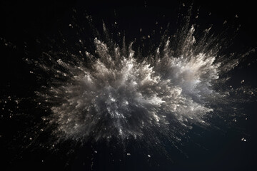 flurry of shimmering silver particles bursting with energy and motion against a dark background, generative ai