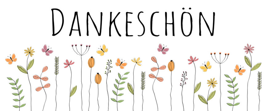 Dankeschön - Schriftzug in deutscher Sprache. Danksagungskarte mit Schmetterlingen über einer Blumenwiese.