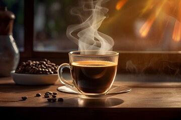 An aromatic cup of freshly brewed coffee sits on a rustic wooden table, steam rising from its surface as the rich aroma envelops the senses, Generative AI