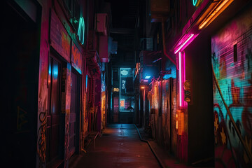 Fototapeta premium Futuristic neon lights illuminating a dark and mysterious alleyway, generative ai
