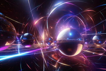 Futuristic space-time warp with metallic spheres and holographic beams, generative ai