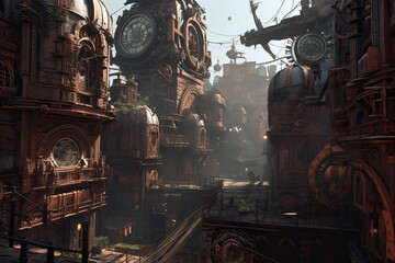 Fototapeta na wymiar futuristic steampunk city with towering clock towers and intricate gears against a dark, industrial backdrop, generative ai