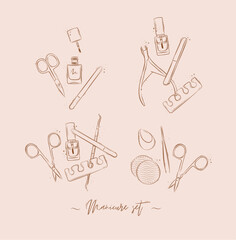 Manicure and pedicure professional tools compositions collection with wire cutters, nail file, scissors, nail polish, toe separator, cuticle pusher spoon drawing on light brown background