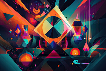 Geometric shapes in vibrant colors and patterns overlapping to create a futuristic background, generative ai