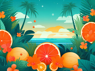 Fototapeta na wymiar Summer time fun concept design. Creative background of ocean landscape, panorama of sea and beach with oranges and palm trees. Summer holiday and travel concept of beach vacation. Generative AI