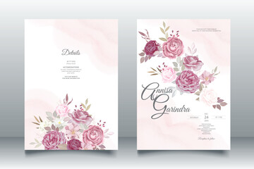 Beautiful romantic pink floral frame wedding invitation card template Premium Vector