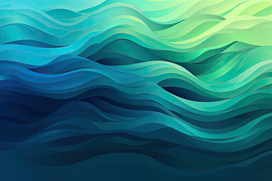Gradient irregular shapes in shades of blue and green resembling a calm ocean wave, generative ai