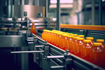Automated Processing Line for Bottling Fruit Juice. Generative AI