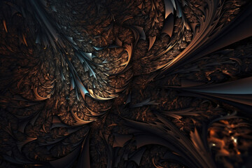 Intense fractal pattern with sharp edges and dark tones that convey a sense of power and energy, generative ai